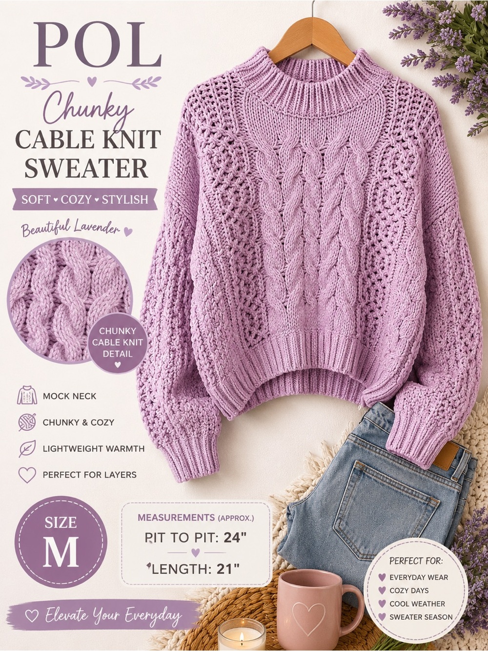 POL Lavender Chunky Cable Knit Mock Neck Sweater Medium Cozy Cottagecore